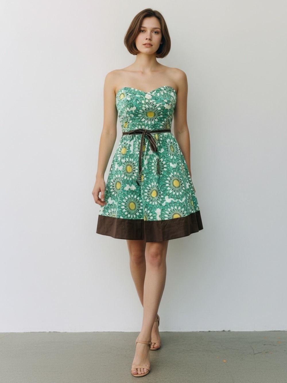 Trixxi Strapless Fit & Flare Dress Sweetheart Neck Green Black Floral Size XXS